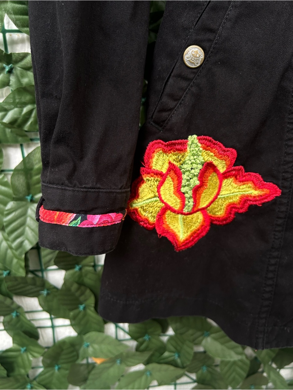 Imported Mexican Embroidered Trench Coat with Floral Hood Lining - Picture 4 of 7